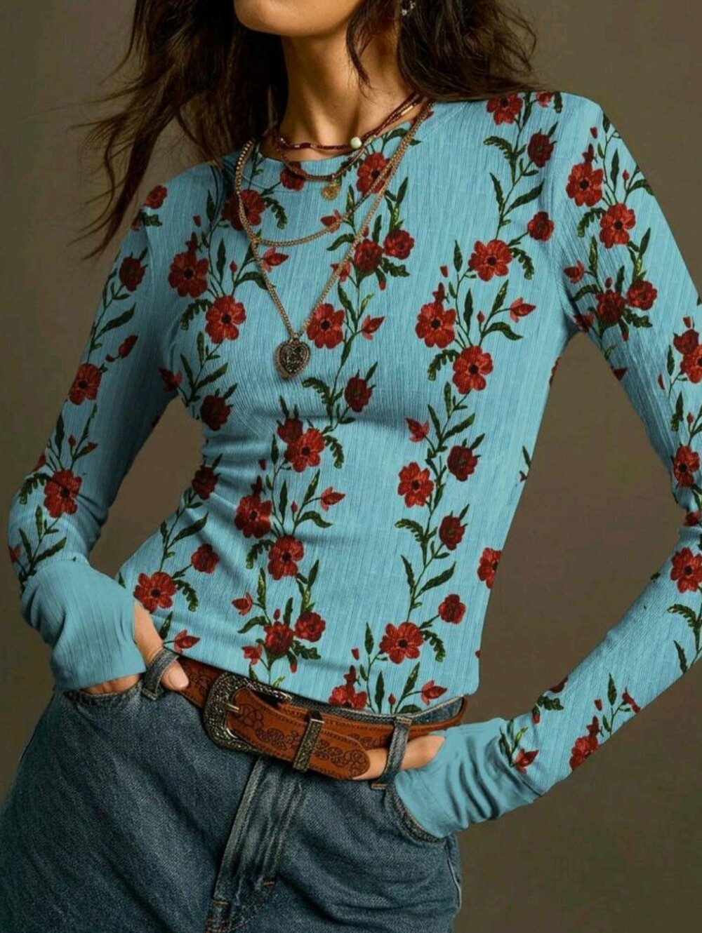 Women Summer Blue Floral Long Sleeve T-Shirt,Cottage Core Autumn Retro Round